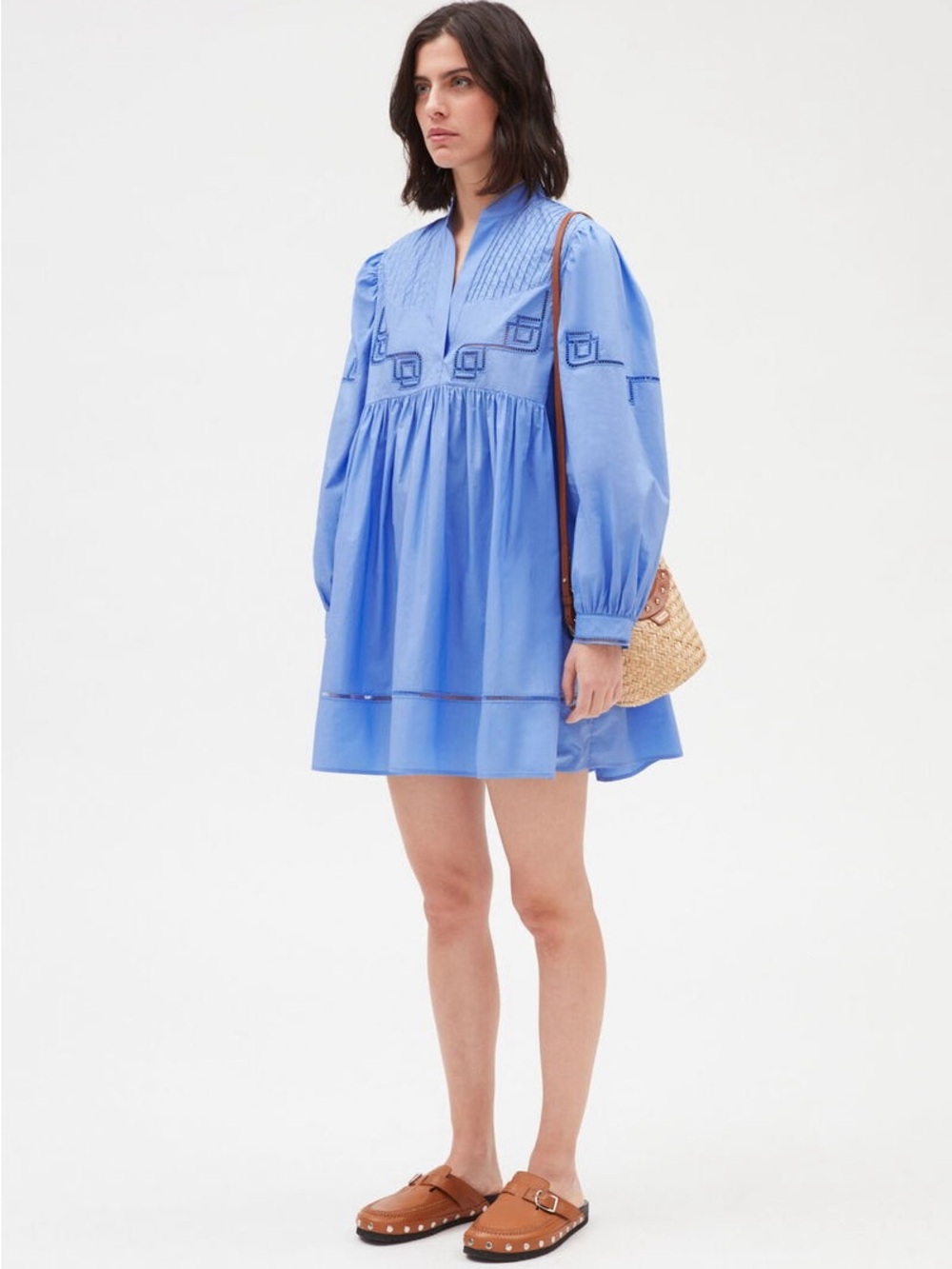 Light Blue Embroidered Balloon-Sleeve Mini Dress